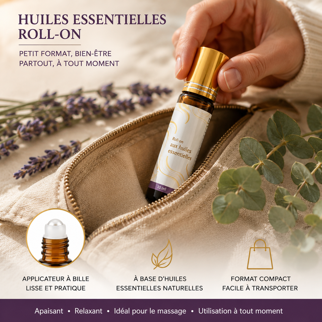 Roll-on lavande dans une trousse, brins d'eucalyptus