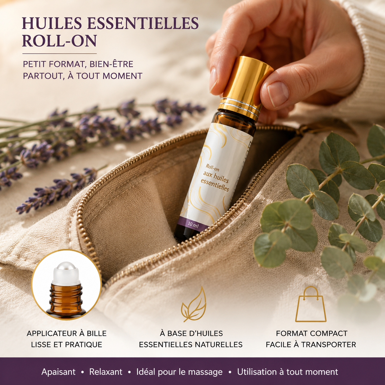 Roll-on lavande dans une trousse, brins d'eucalyptus