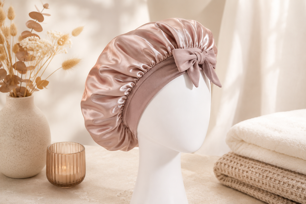 Bonnet de nuit en soie, coloris rose