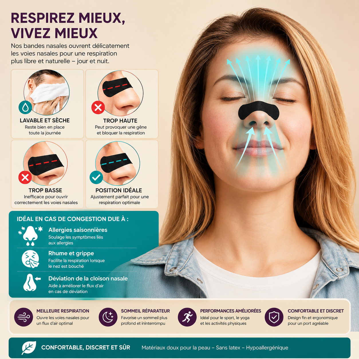 Bandes respirantes nasales pour un sommeil réparateur