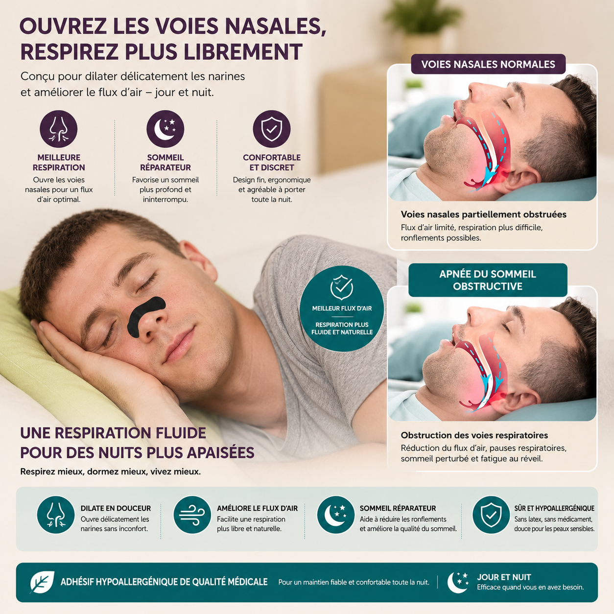 Bandes respirantes nasales pour un sommeil réparateur