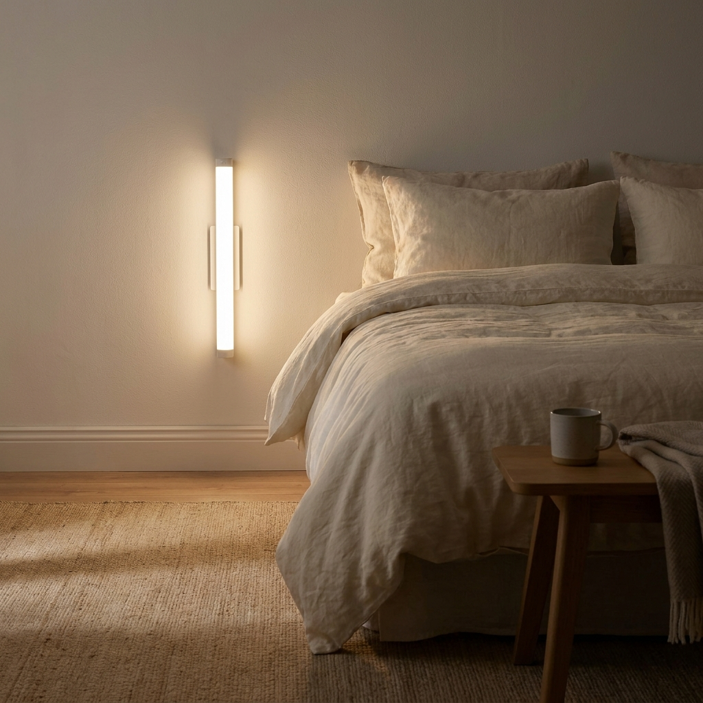 Veilleuse LED fixée au mur près du lit dans une chambre