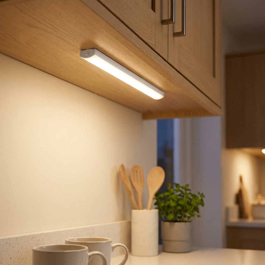 Veilleuse LED installée sous un meuble de cuisine, lumière chaude