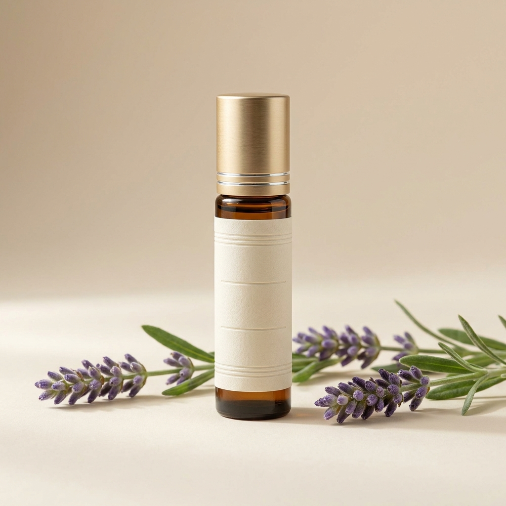 Huile essentielle de lavande roll-on, vue produit avec brins de lavande